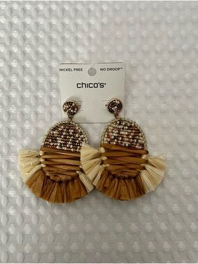 Chico's Tan and Cream Raffia Fringe Beaded Drop Earrings